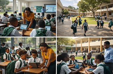 African students using technology in modern classroom Nigeria